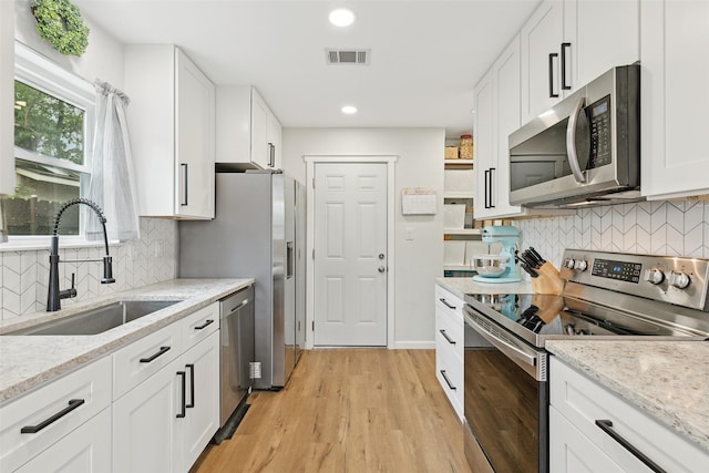 kitchen featuring appliances with stainless steel finishes, a sink, white cabinets, light wood-style flooring, and backsplash