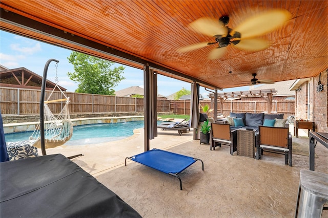 1412 Millbrook Ln, Wylie, TX 75098 - view of pool featuring an outdoor hangout area, a fenced backyard, a patio, and ceiling fan