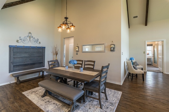 7327 Open Water Pt, Quinlan, TX 75474 - dining room featuring high vaulted ceiling, baseboards, a chandelier, wood finished floors, and beam ceiling