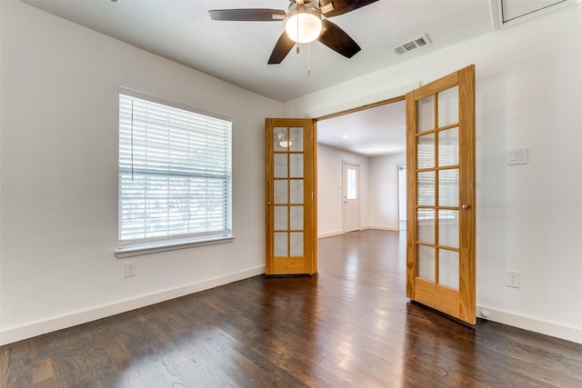 8919 San Fernando Way, Dallas, TX 75218 - unfurnished room with a ceiling fan, baseboards, dark wood-style flooring, and french doors