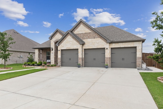 509 Oleander Dr, Royse City, TX 75189 - french country style house featuring driveway, a garage, a shingled roof, stone siding, and brick siding
