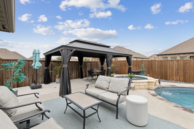 509 Oleander Dr, Royse City, TX 75189 - fenced backyard featuring a gazebo, a patio, an outdoor living space, and a pool with connected hot tub