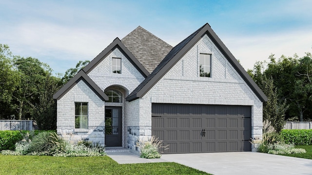 3501 Holly Hill Ln, Little Elm, TX 75068 - french country style house with brick siding, stone siding, driveway, a shingled roof, and a garage