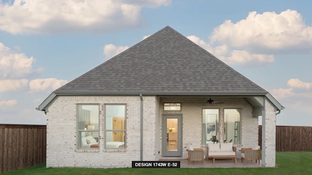 3501 Holly Hill Ln, Little Elm, TX 75068 - rear view of house with a shingled roof, an outdoor living space, ceiling fan, a patio, and brick siding
