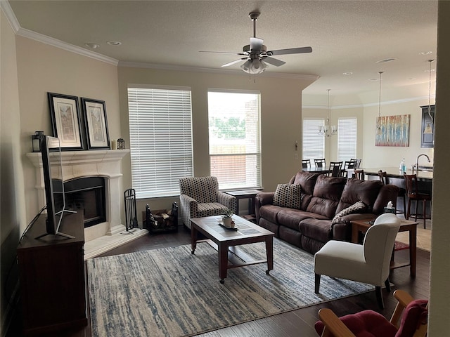 340 Prince John Dr, Saginaw, TX 76179 - living area with a ceiling fan, wood finished floors, crown molding, a glass covered fireplace, and a chandelier