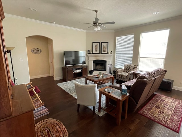 340 Prince John Dr, Saginaw, TX 76179 - living area featuring arched walkways, ceiling fan, dark wood-style floors, crown molding, and baseboards