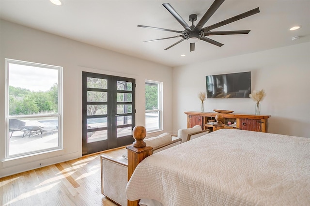 1014 Eagles Ridge Ct, Weatherford, TX 76087 - bedroom with light wood-style flooring, recessed lighting, french doors, and ceiling fan