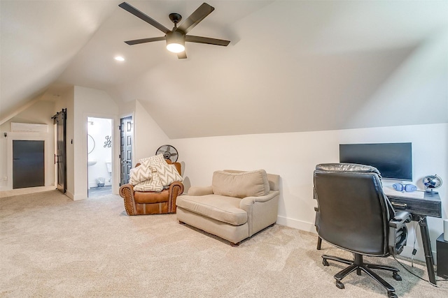 1014 Eagles Ridge Ct, Weatherford, TX 76087 - office space with vaulted ceiling, light colored carpet, ceiling fan, and baseboards