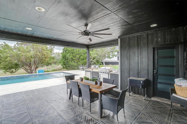 1014 Eagles Ridge Ct, Weatherford, TX 76087 - view of patio / terrace with ceiling fan, grilling area, outdoor dining space, and an outdoor pool