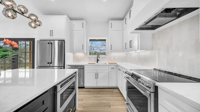 ZEPHYR2TBD Eagles Ridge Dr, Brock, TX 76087 - kitchen with stainless steel appliances, wall chimney range hood, a sink, white cabinetry, and light stone counters