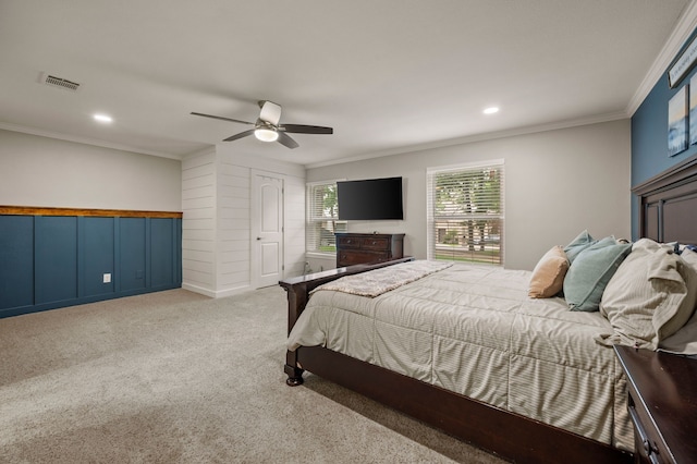 7313 Jo Will St, Colleyville, TX 76034 - carpeted bedroom with ornamental molding, ceiling fan, recessed lighting, a closet, and a wainscoted wall