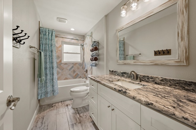 7313 Jo Will St, Colleyville, TX 76034 - bathroom featuring vanity, toilet, shower / tub combo with curtain, wood finished floors, and baseboards