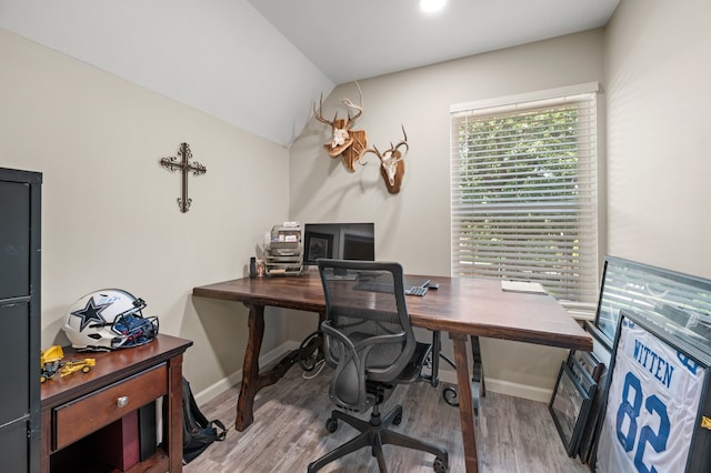 7313 Jo Will St, Colleyville, TX 76034 - office area featuring wood finished floors, baseboards, and lofted ceiling