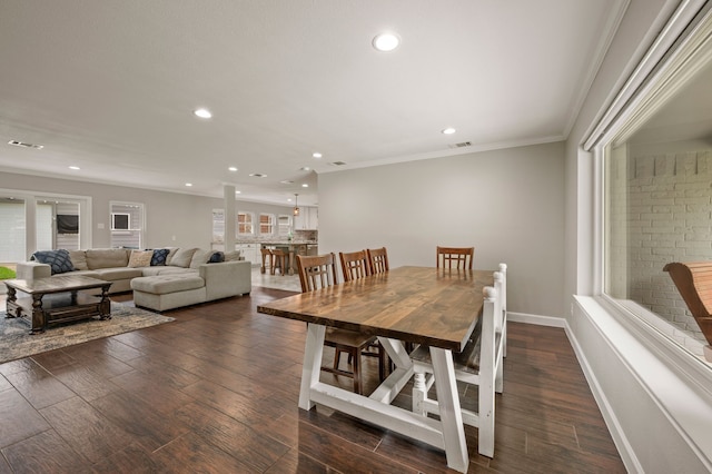 7313 Jo Will St, Colleyville, TX 76034 - dining room featuring recessed lighting, crown molding, dark wood finished floors, and baseboards