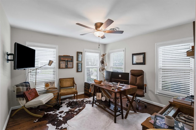 4233 Pershing Ave, Fort Worth, TX 76107 - office area featuring baseboards, a ceiling fan, and wood finished floors
