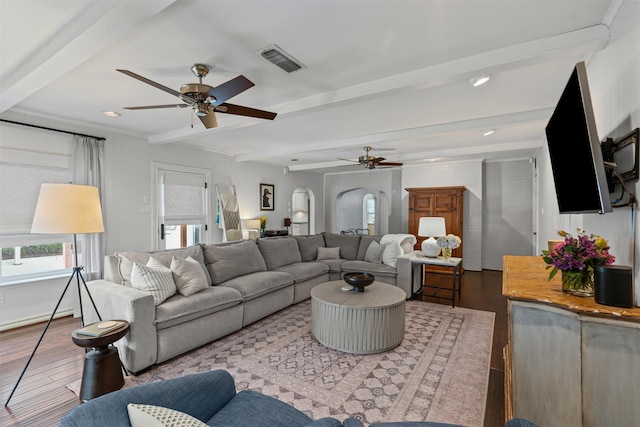 4233 Pershing Ave, Fort Worth, TX 76107 - living room featuring wood finished floors, beamed ceiling, a ceiling fan, recessed lighting, and arched walkways