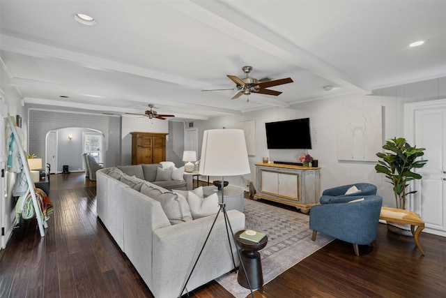 4233 Pershing Ave, Fort Worth, TX 76107 - living area featuring arched walkways, beamed ceiling, ceiling fan, hardwood / wood-style floors, and crown molding
