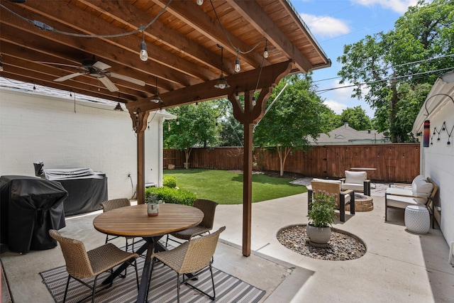 4233 Pershing Ave, Fort Worth, TX 76107 - view of patio with a ceiling fan, outdoor dining area, and area for grilling