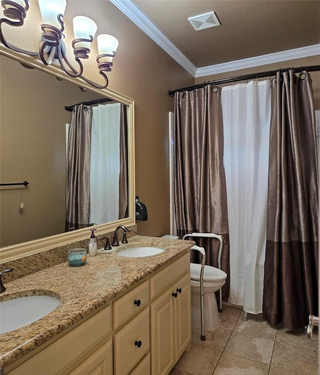 104 Olives Br, Shady Shores, TX 76208 - bathroom with ornamental molding, double vanity, tile patterned floors, and a chandelier