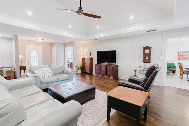 305 Brookview Dr, Decatur, TX 76234 - living area featuring ceiling fan, dark wood finished floors, and recessed lighting