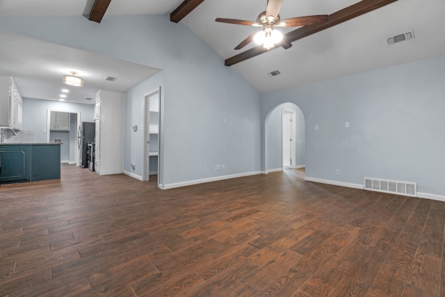5225 Fallworth Ct, Fort Worth, TX 76133 - unfurnished living room with a ceiling fan, dark wood-style flooring, arched walkways, and baseboards