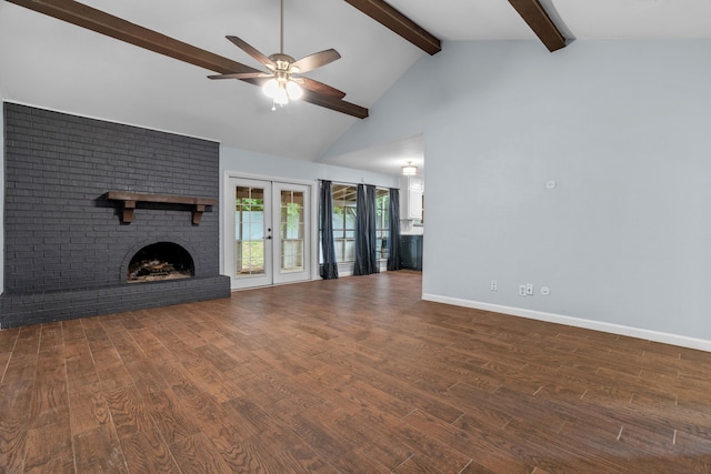 5225 Fallworth Ct, Fort Worth, TX 76133 - unfurnished living room with beamed ceiling, ceiling fan, wood finished floors, baseboards, and french doors