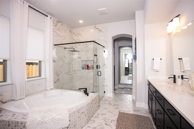 2708 Darlington Rd, Northlake, TX 76226 - full bath featuring a garden tub, a shower stall, vanity, and recessed lighting