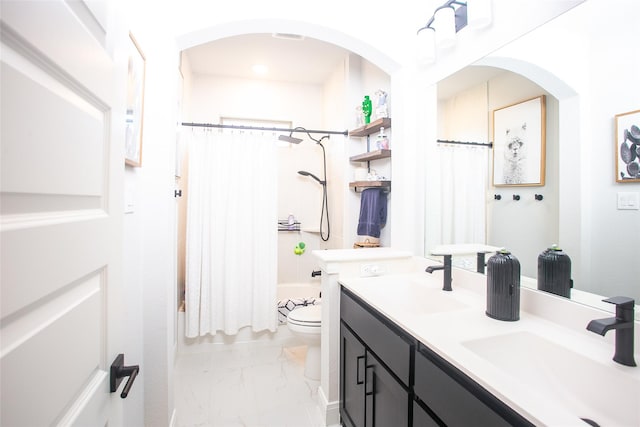 2708 Darlington Rd, Northlake, TX 76226 - full bath featuring marble finish flooring, toilet, shower / bath combo with shower curtain, and double vanity