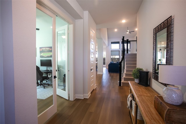 2708 Darlington Rd, Northlake, TX 76226 - corridor featuring dark wood-type flooring, a desk, stairway, baseboards, and recessed lighting