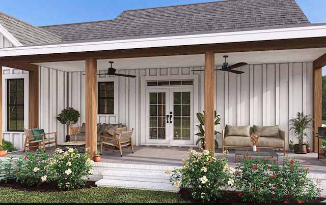SawyerTBD County Road 3451, Paradise, TX 76073 - view of exterior entry featuring board and batten siding, ceiling fan, and french doors