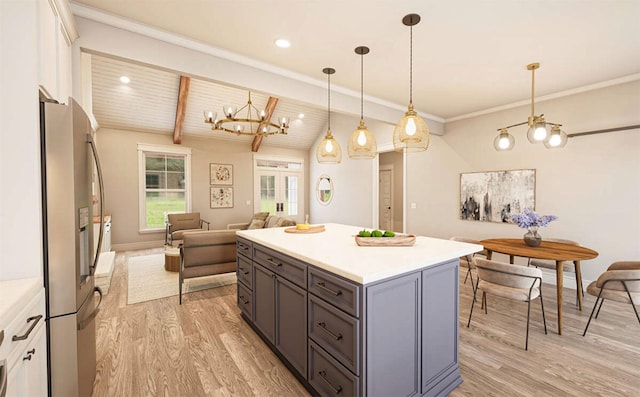 SawyerTBD County Road 3451, Paradise, TX 76073 - kitchen featuring freestanding refrigerator, a chandelier, light wood-style floors, open floor plan, and light countertops