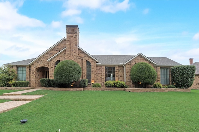 11103 Manorview Cir, Dallas, TX 75228 - english style home featuring brick siding, a front yard, a chimney, and roof with shingles