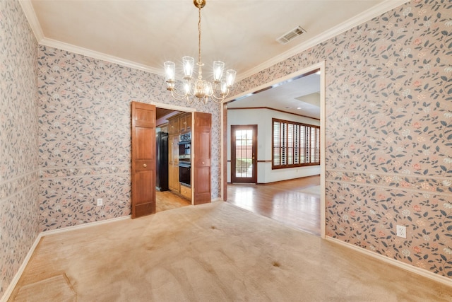 11103 Manorview Cir, Dallas, TX 75228 - unfurnished dining area with crown molding, wallpapered walls, a chandelier, baseboards, and light carpet