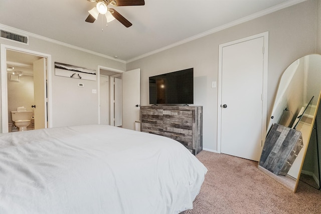 4800 Northway Dr Unit 17A, Dallas, TX 75206 - bedroom with light carpet, crown molding, connected bathroom, and ceiling fan