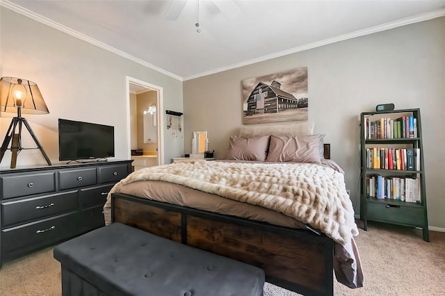 4800 Northway Dr Unit 17A, Dallas, TX 75206 - bedroom featuring light carpet, crown molding, connected bathroom, baseboards, and a ceiling fan