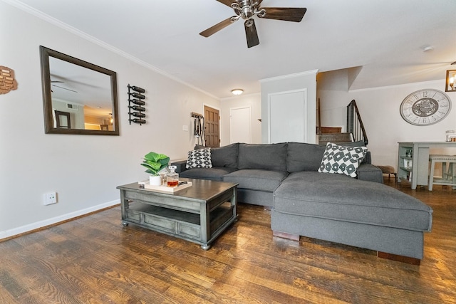 4800 Northway Dr Unit 17A, Dallas, TX 75206 - living room with ceiling fan, crown molding, wood finished floors, stairway, and baseboards