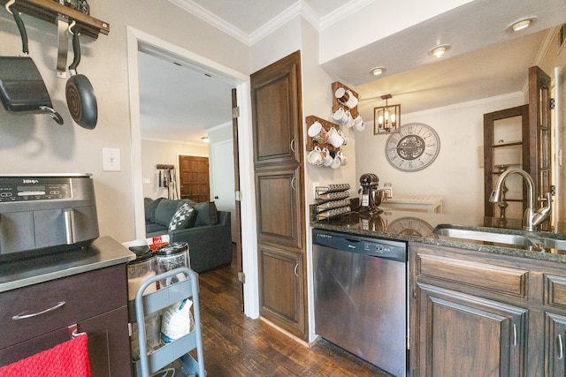 4800 Northway Dr Unit 17A, Dallas, TX 75206 - kitchen featuring dishwasher, a sink, ornamental molding, and dark wood-style flooring