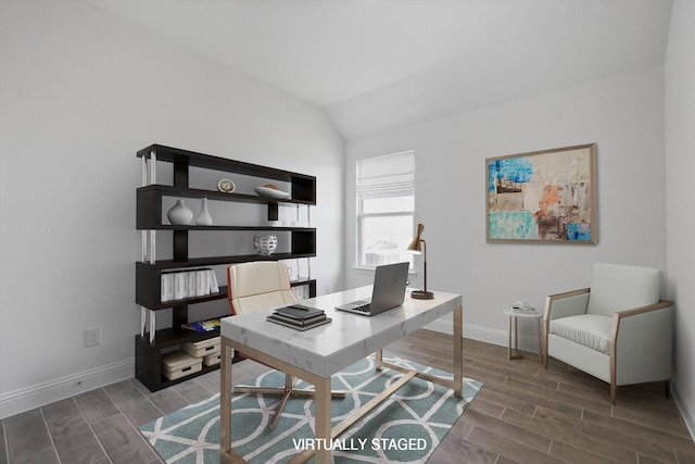 612 Amenduni Ln, Anna, TX 75409 - office area with wood finish floors, baseboards, and lofted ceiling