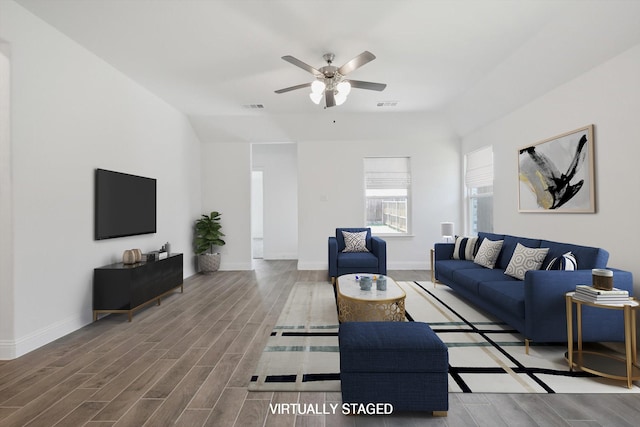 612 Amenduni Ln, Anna, TX 75409 - living room with wood finished floors, baseboards, ceiling fan, and vaulted ceiling