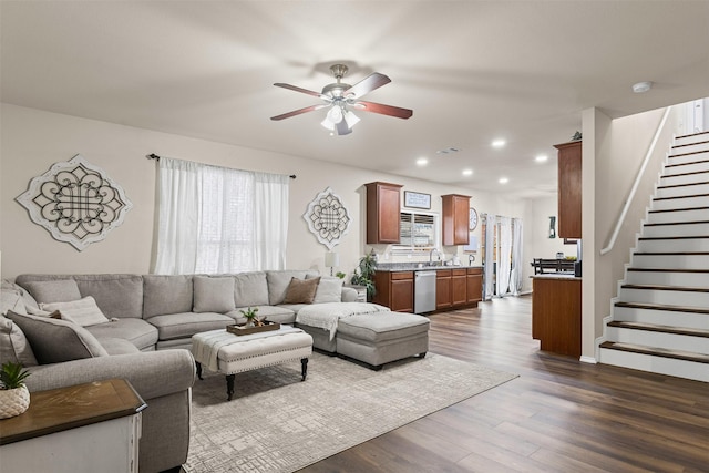 8537 Gray Shale Dr, Fort Worth, TX 76179 - living area featuring a ceiling fan, dark wood-style floors, stairway, and recessed lighting