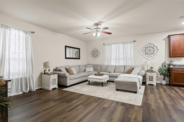 8537 Gray Shale Dr, Fort Worth, TX 76179 - living room featuring a ceiling fan, dark wood-style flooring, and baseboards