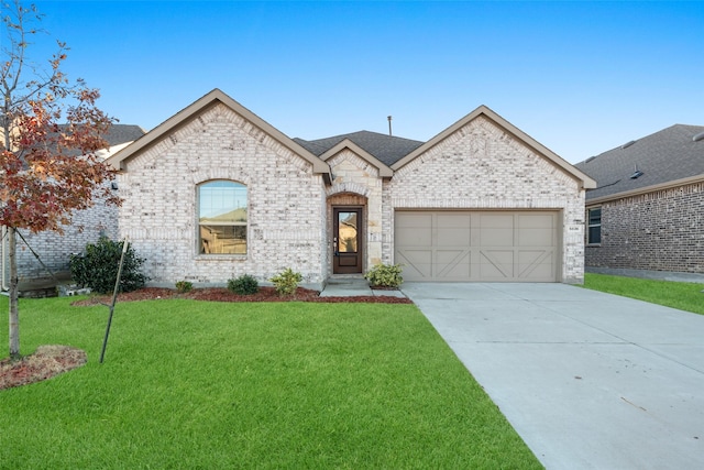 5836 Priory Dr, Celina, TX 76227 - french country home featuring brick siding, an attached garage, a front yard, and concrete driveway