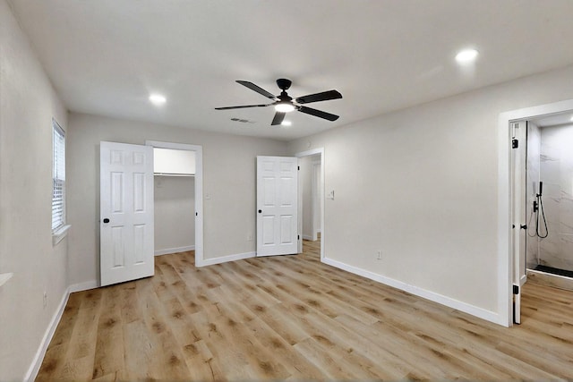 3103 Andrea Ln, Dallas, TX 75228 - unfurnished bedroom with light wood-style flooring, recessed lighting, a walk in closet, and a ceiling fan