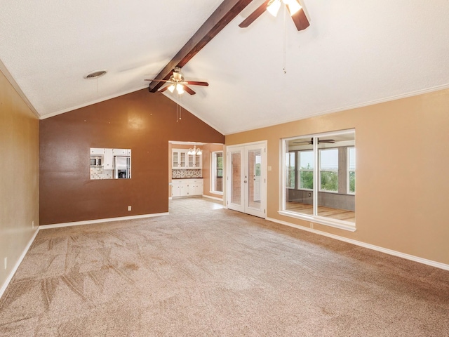 905 High Rd, Coleman, TX 76834 - unfurnished living room featuring a ceiling fan, carpet flooring, beam ceiling, baseboards, and high vaulted ceiling