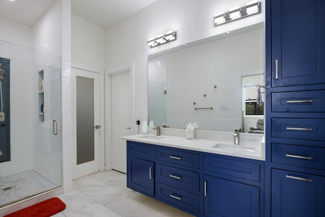 21 Graham Ln, Lucas, TX 75002 - bathroom with a shower stall, marble finish flooring, and double vanity