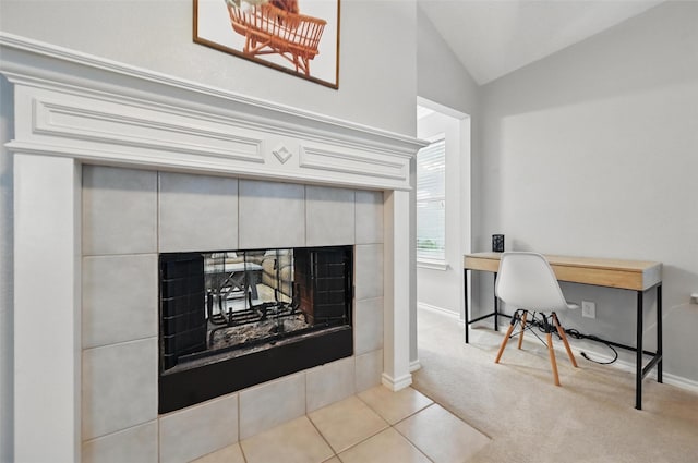 4525 Wheatland Dr, Fort Worth, TX 76179 - detailed view of a tile fireplace, carpet flooring, an office area, and baseboards