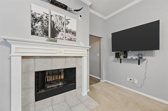 4525 Wheatland Dr, Fort Worth, TX 76179 - unfurnished living room with ornamental molding, light carpet, a tile fireplace, and baseboards