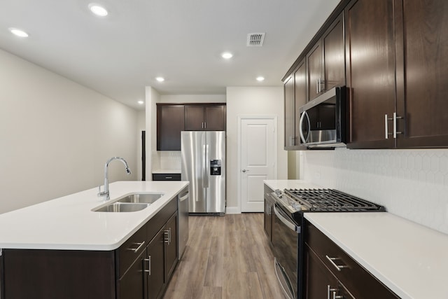 519 Willet Dr, Mckinney, TX 75069 - kitchen with appliances with stainless steel finishes, a sink, dark brown cabinetry, decorative backsplash, and light countertops