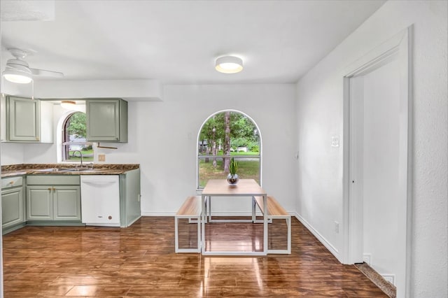 415 Lone Star Ln, Hideaway, TX 75771 - dining space with healthy amount of natural light, dark wood finished floors, and ceiling fan