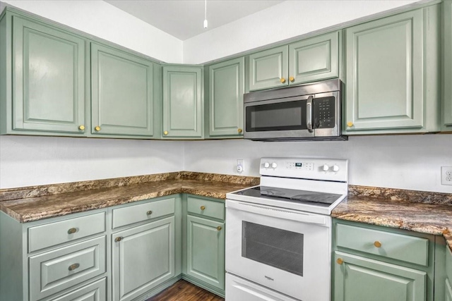 415 Lone Star Ln, Hideaway, TX 75771 - kitchen with stainless steel microwave, white range with electric stovetop, and green cabinets